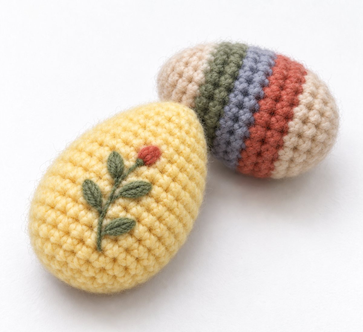 Two crocheted eggs: a yellow one embroidered with a green sprig and a red bud, and a beige one with green, blue and red stripes